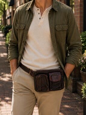 Danier Men's Burgundy Leather Utility Belt Bag Y2K Vintage